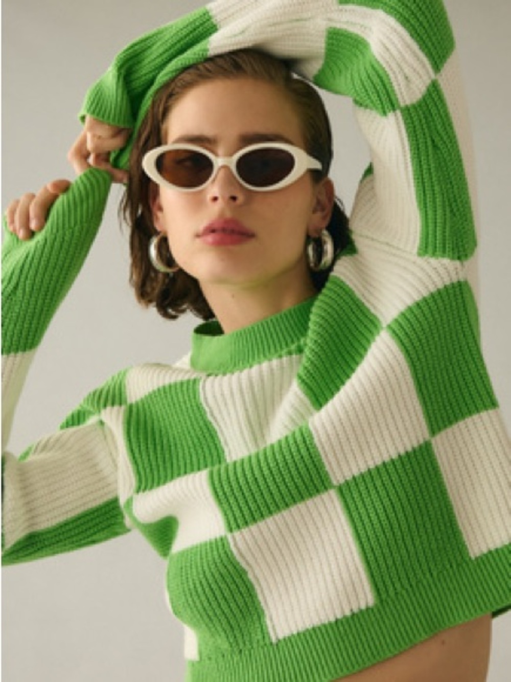 GREY LAB Green and White Checker Ribbed Crew Sweater